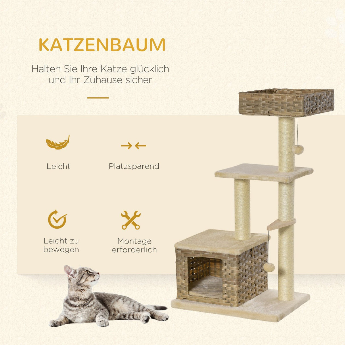 Rattan Cat Tree Scratching Post With Cat Cave, Ball Toy, Sisal & Soft Plush, 108Cm, Brown+Beige