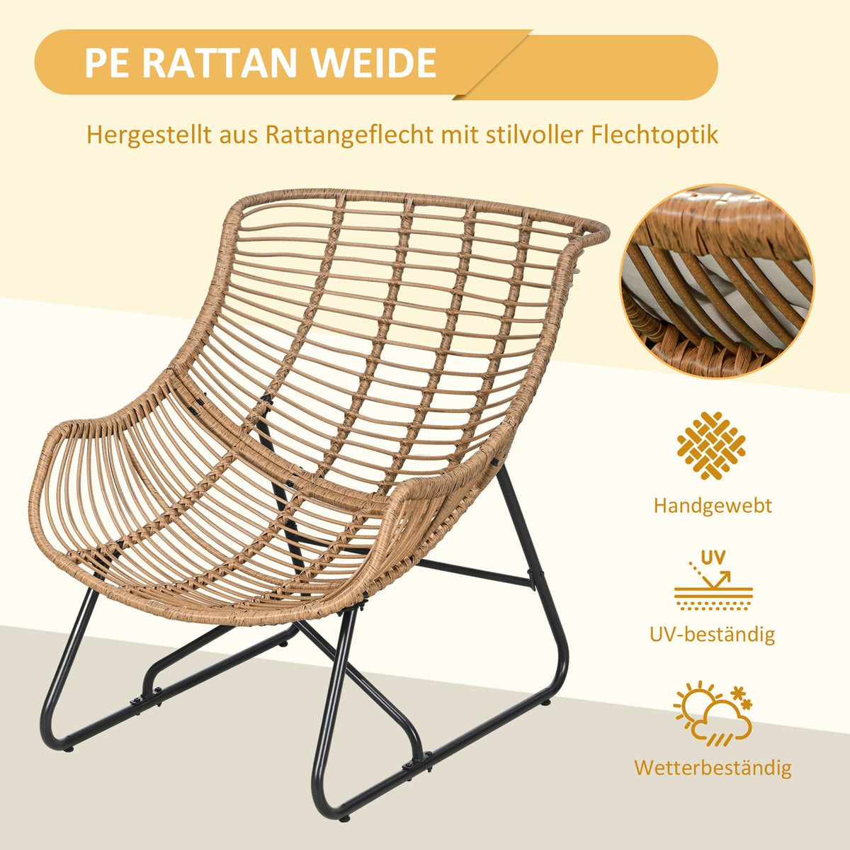 Rattan Chair, Garden Chair With Thick Seat Cushion, Rattan Chair With A Load Capacity Of Up To 120 Kg For Balcony, Terrace, Steel, Khaki, 75 X 101 X 90 Cm