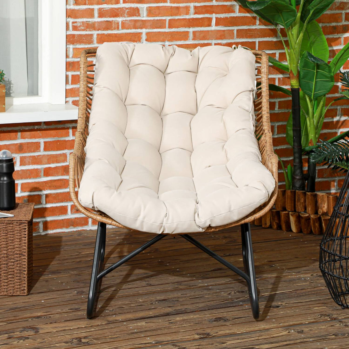 Rattan Chair, Garden Chair With Thick Seat Cushion, Rattan Chair With A Load Capacity Of Up To 120 Kg For Balcony, Terrace, Steel, Khaki, 75 X 101 X 90 Cm