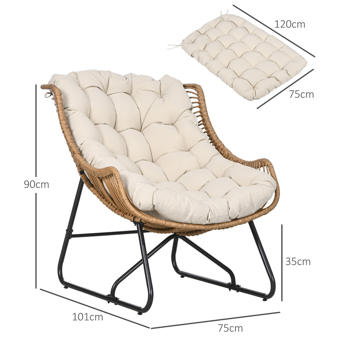 Rattan Chair, Garden Chair With Thick Seat Cushion, Rattan Chair With A Load Capacity Of Up To 120 Kg For Balcony, Terrace, Steel, Khaki, 75 X 101 X 90 Cm