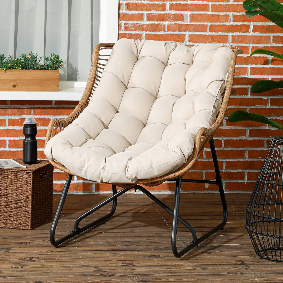 Rattan Chair, Garden Chair With Thick Seat Cushion, Rattan Chair With A Load Capacity Of Up To 120 Kg For Balcony, Terrace, Steel, Khaki, 75 X 101 X 90 Cm