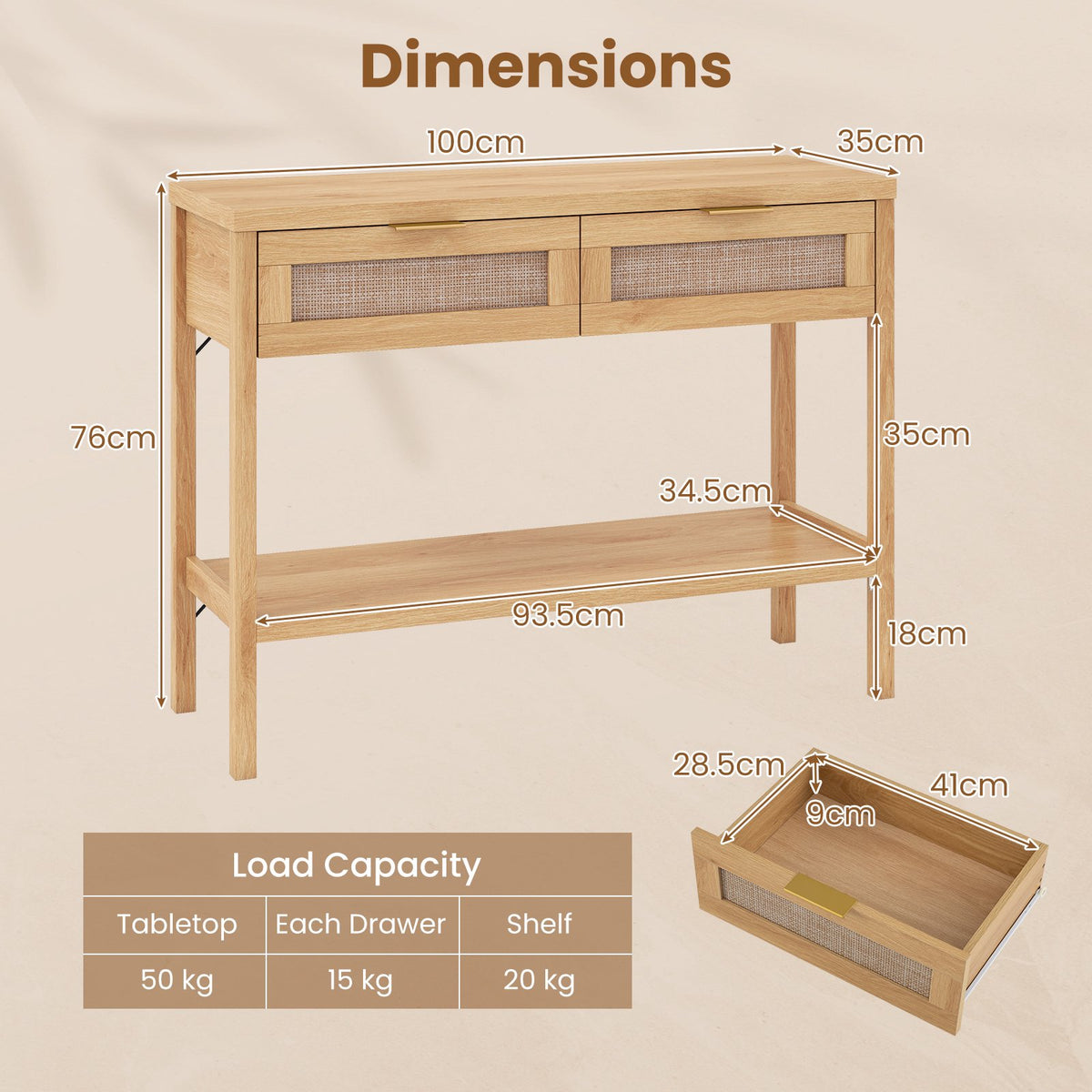 Rattan Console Table, 2 Drawers, Bottom Shelf, Natural