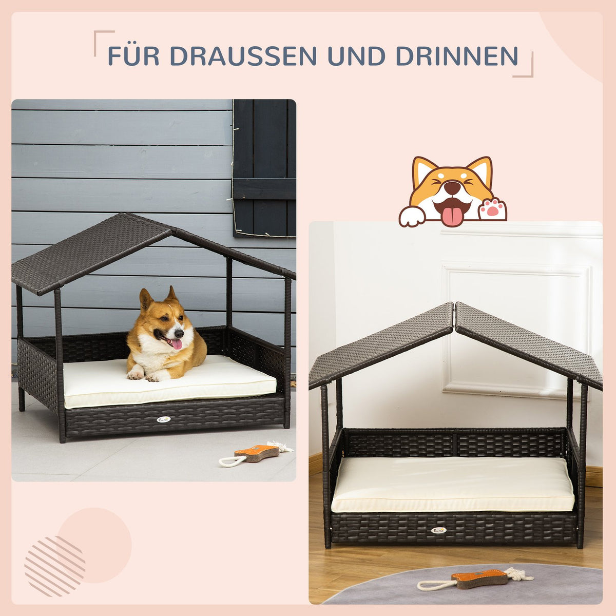 Rattan Dog House With Cushion, House-Shaped Dog Bed, Outdoor Dog House, Steel Frame, Pp, Coffee Brown, 98 X 69 X 73 Cm