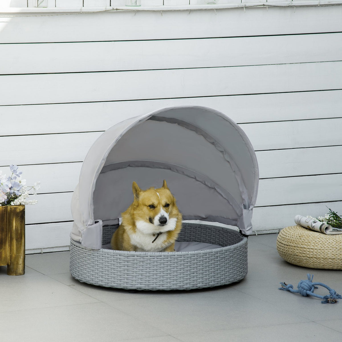 Rattan Dog House With Cushion, Pet Bed, Outdoor, Gray, 76X76X60Cm