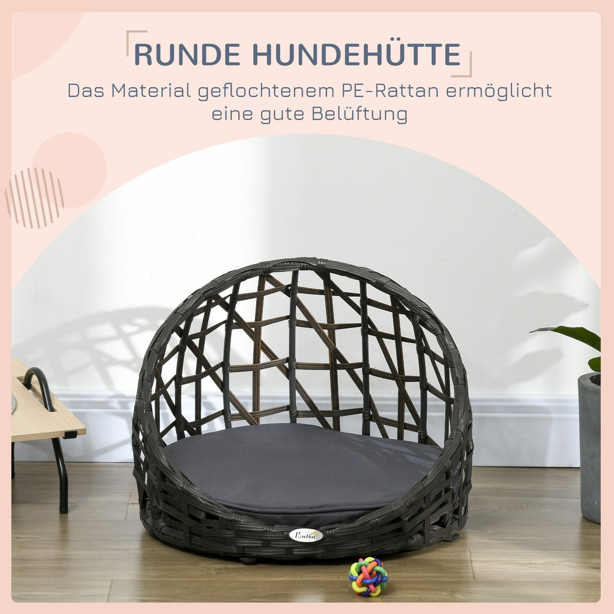 Rattan Dog Kennel Elegant Dog Cave With Cushion For Indoor And Outdoor Use, Round, Black + Gray, 51X51X41Cm