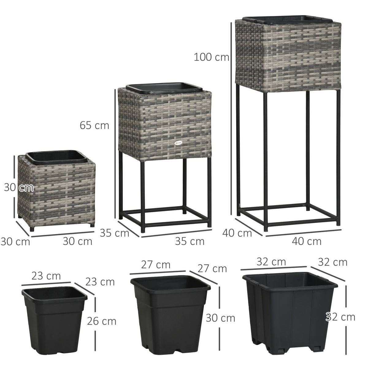 Rattan Flower Box With Stand Drainage Hole Plastic Gray