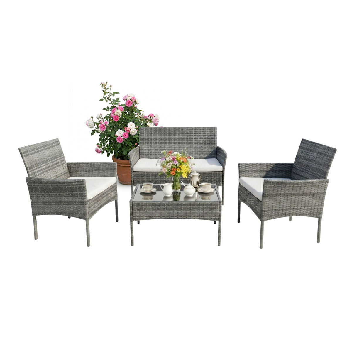 Rattan Garden Furniture Set, 4-Piece, Weather-Resistant