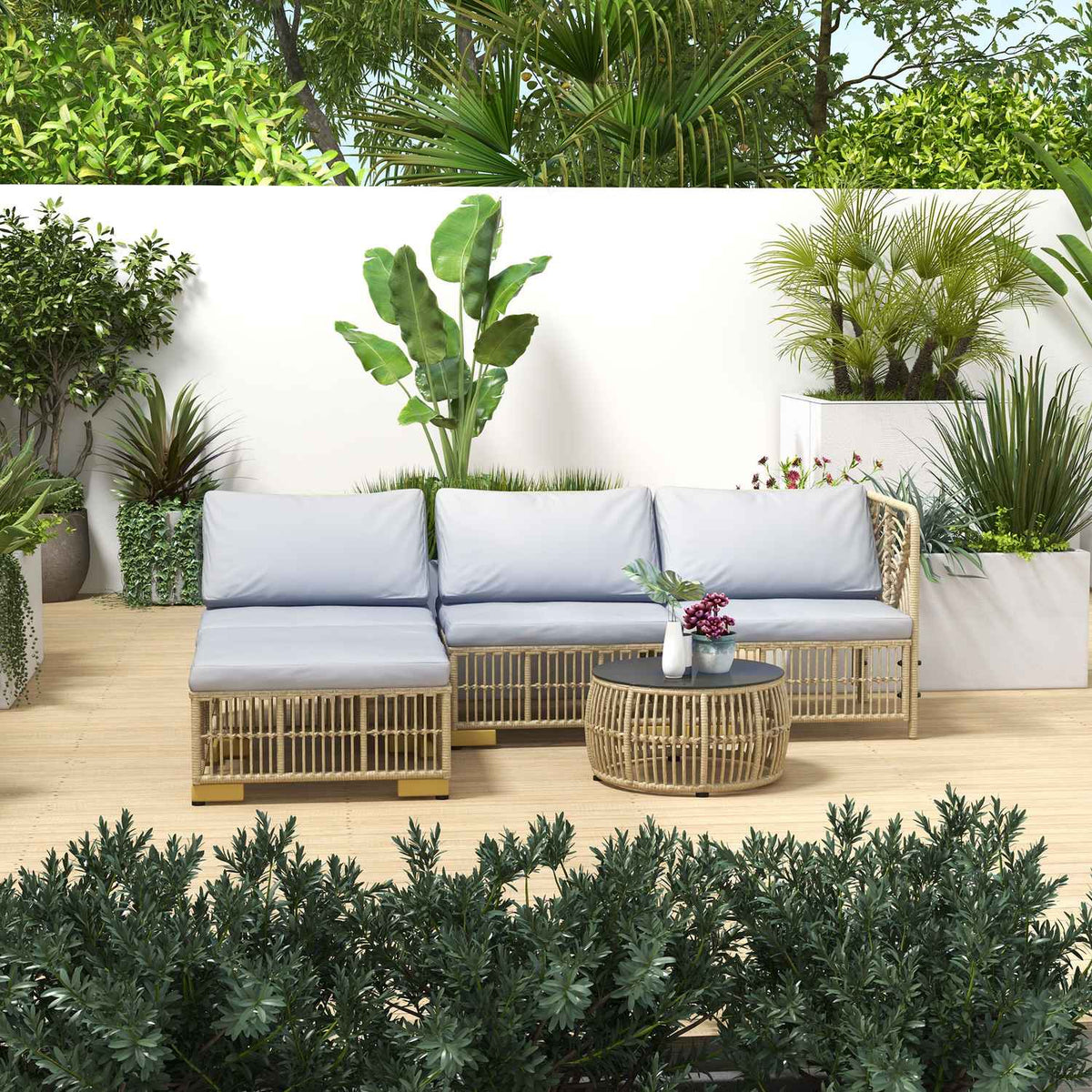 Rattan Garden Furniture Set, 5 Pieces. Balcony Furniture Set With Cushions, Corner Sofa, Stool, Patio Furniture Set, Steel, Light Grey