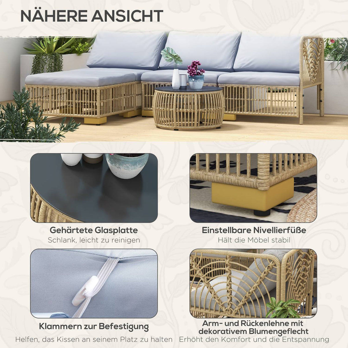 Rattan Garden Furniture Set, 5 Pieces. Balcony Furniture Set With Cushions, Corner Sofa, Stool, Patio Furniture Set, Steel, Light Grey