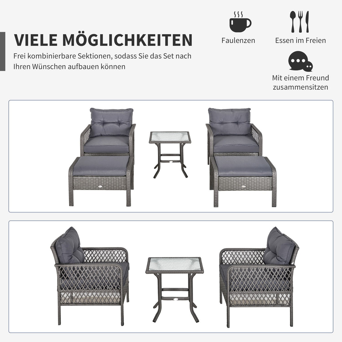 Rattan Garden Furniture Set For 4 People Balcony Furniture Set Sofa With Stool Table Seating Group Steel Gray