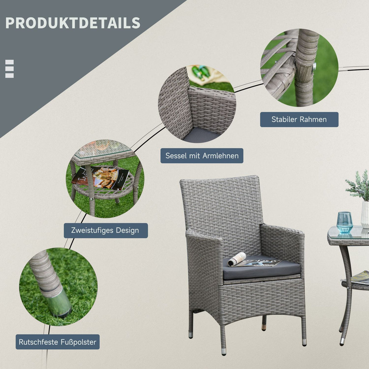 Rattan Garden Furniture Set With Side Table Bistro Set 3-Piece. Balcony Furniture Set Rattan Garden Set Seating Polyrattan + Steel 60X58.5X89.5 Cm