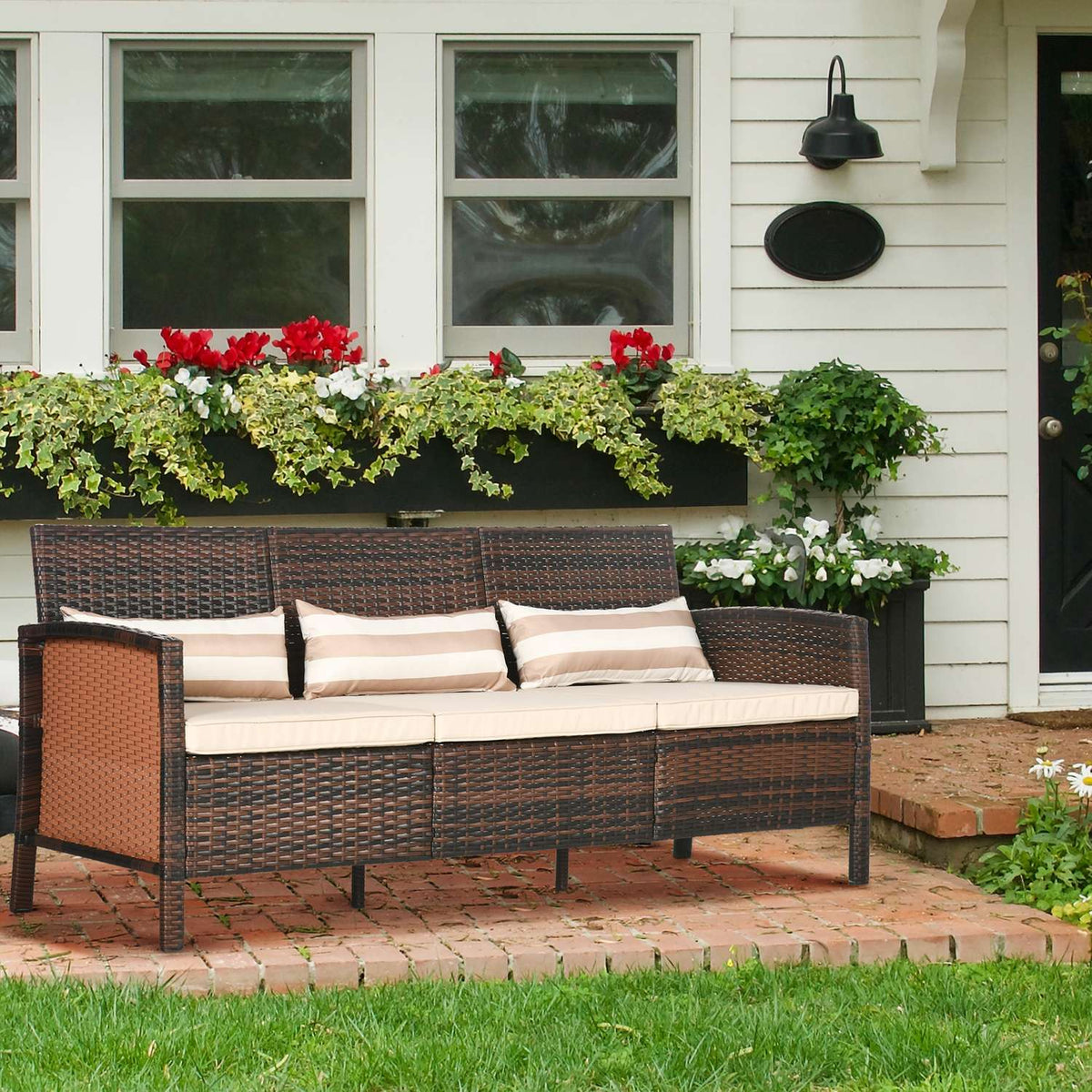 Rattan Garden Lounge Sofa Three Seater With Cushions, Steel, Brown, 173 X 68 X 78 Cm