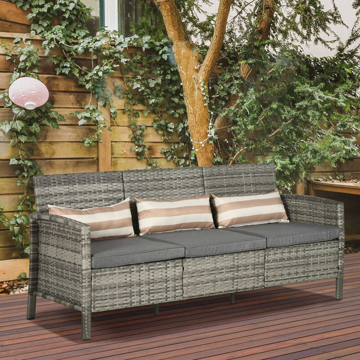 Rattan Garden Lounge Sofa Three Seater With Cushions, Steel, Grey, 173 X 68 X 78 Cm