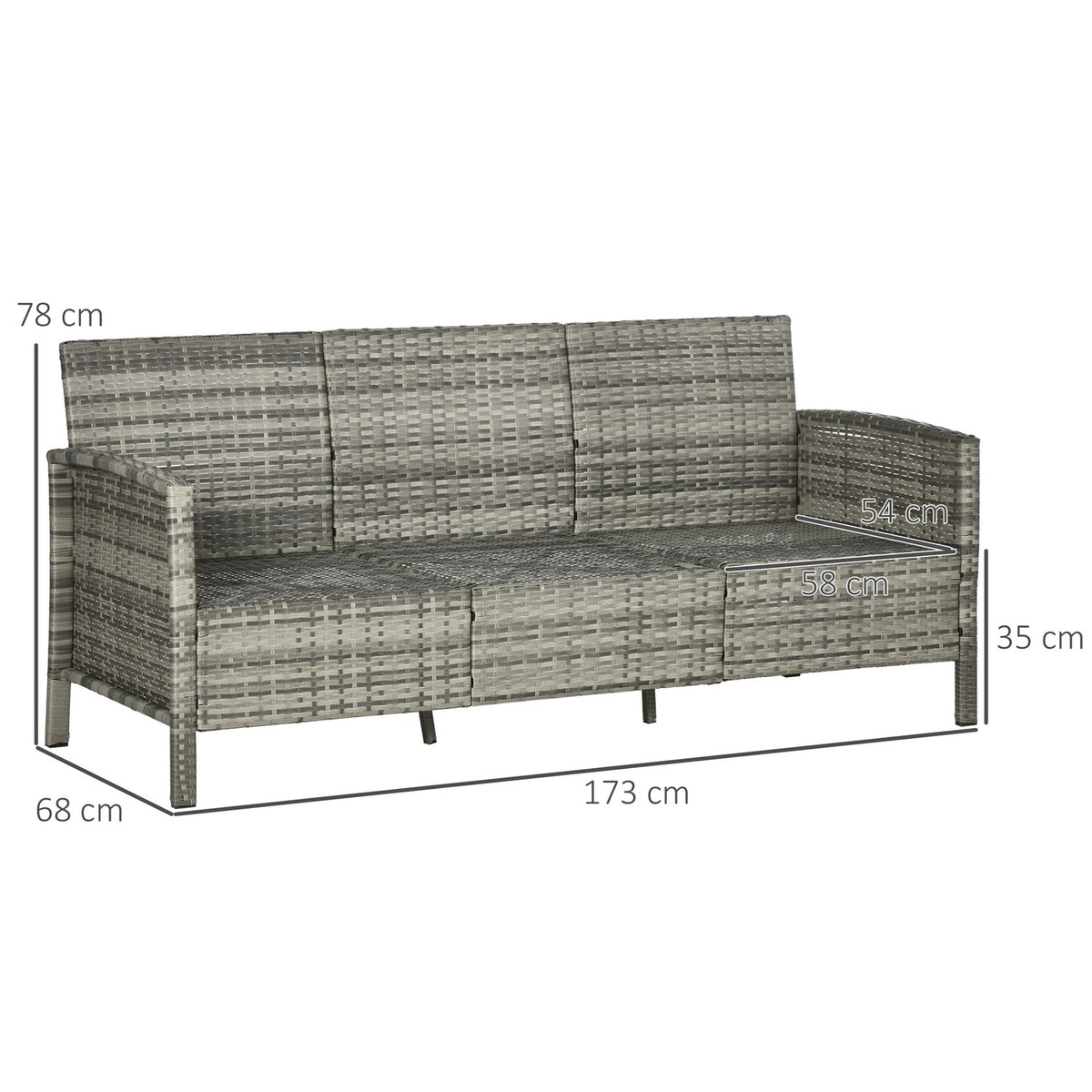Rattan Garden Lounge Sofa Three Seater With Cushions, Steel, Grey, 173 X 68 X 78 Cm