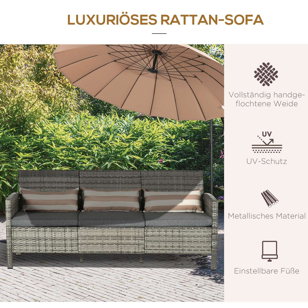 Rattan Garden Lounge Sofa Three Seater With Cushions, Steel, Grey, 173 X 68 X 78 Cm