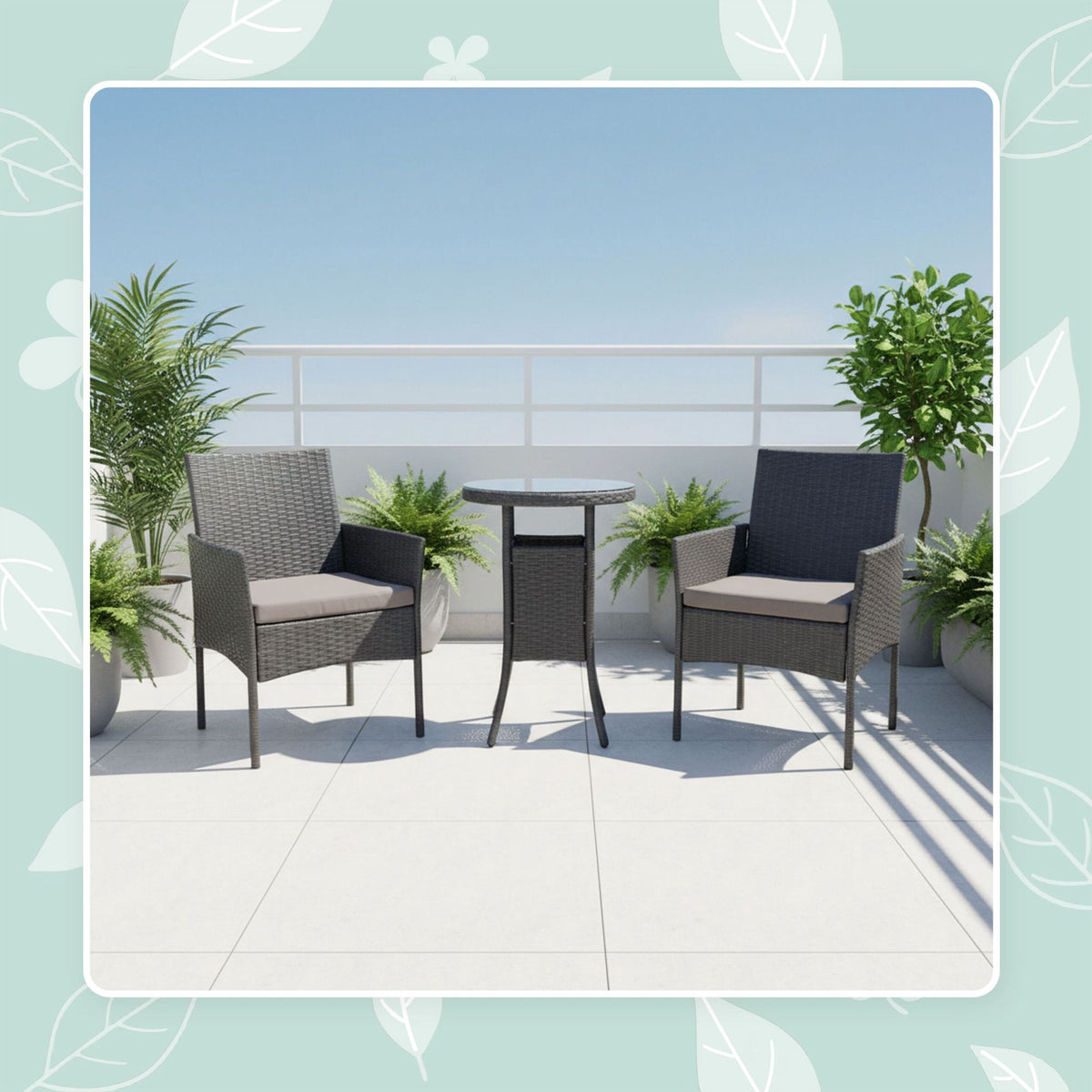 Rattan Garden Set, 3-Piece, Glass Table, Cushions Included