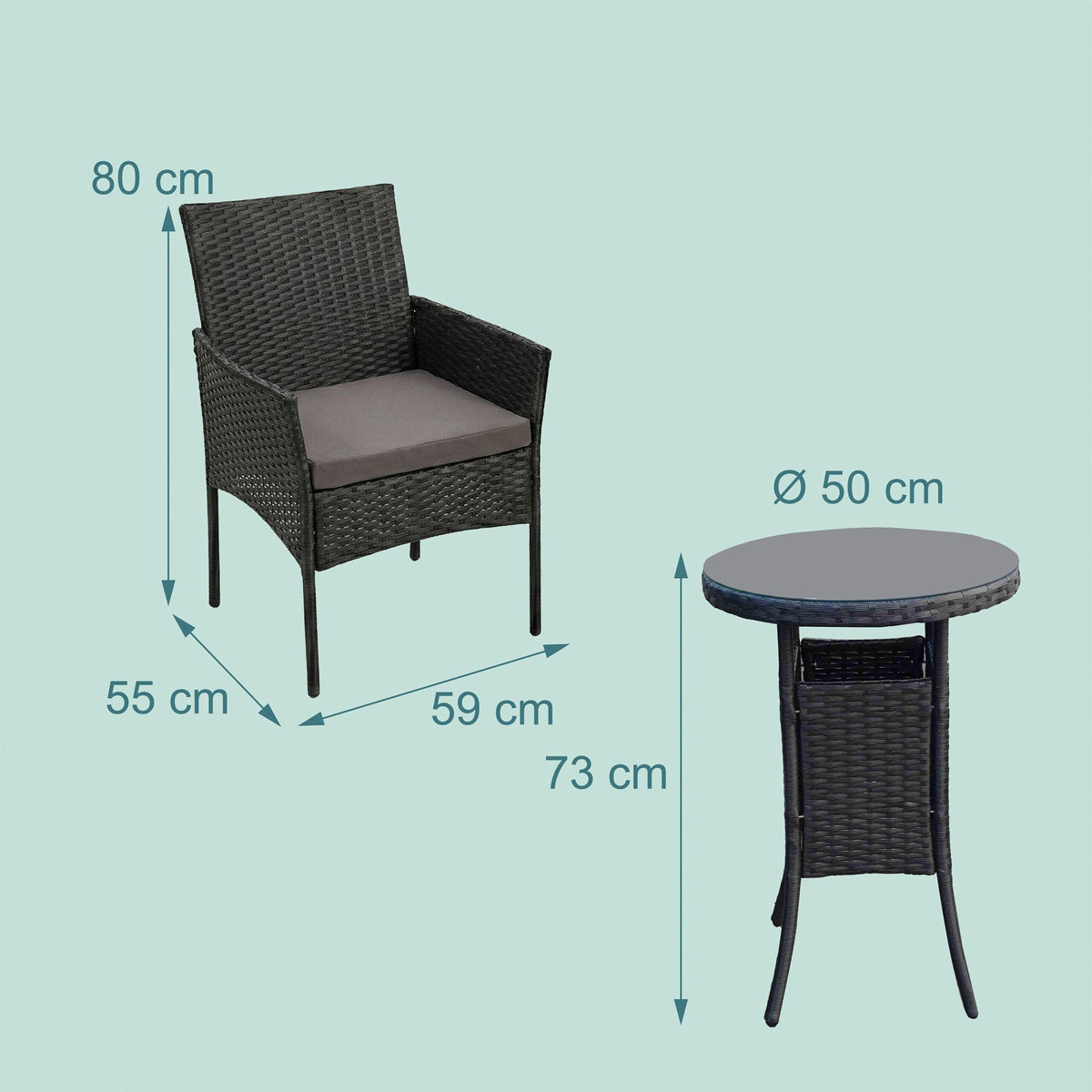 Rattan Garden Set, 3-Piece, Glass Table, Cushions Included