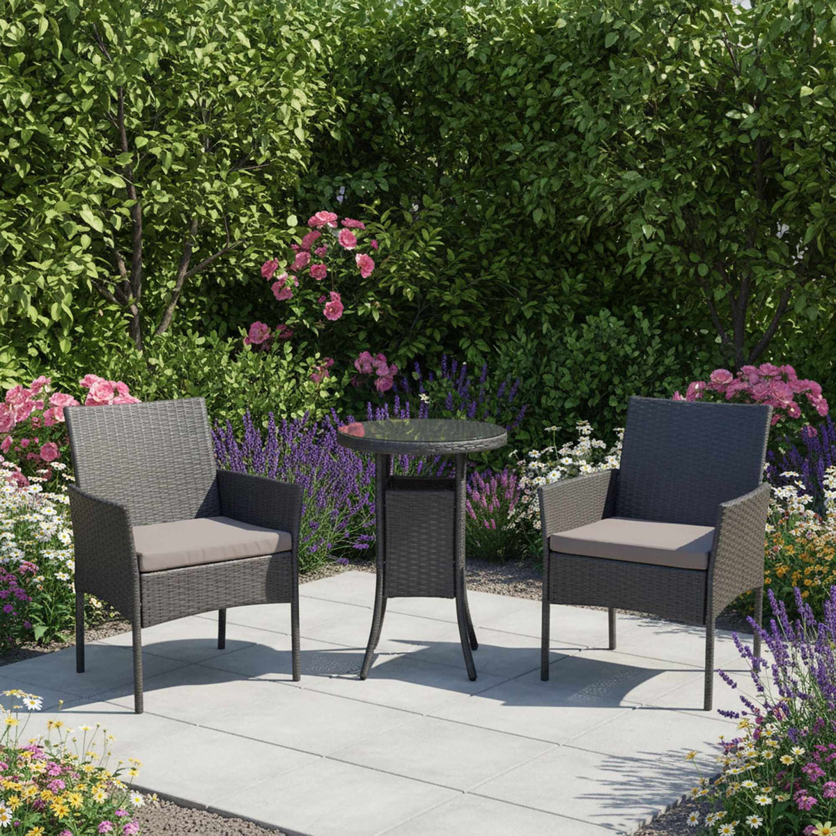 Rattan Garden Set, 3-Piece, Glass Table, Cushions Included