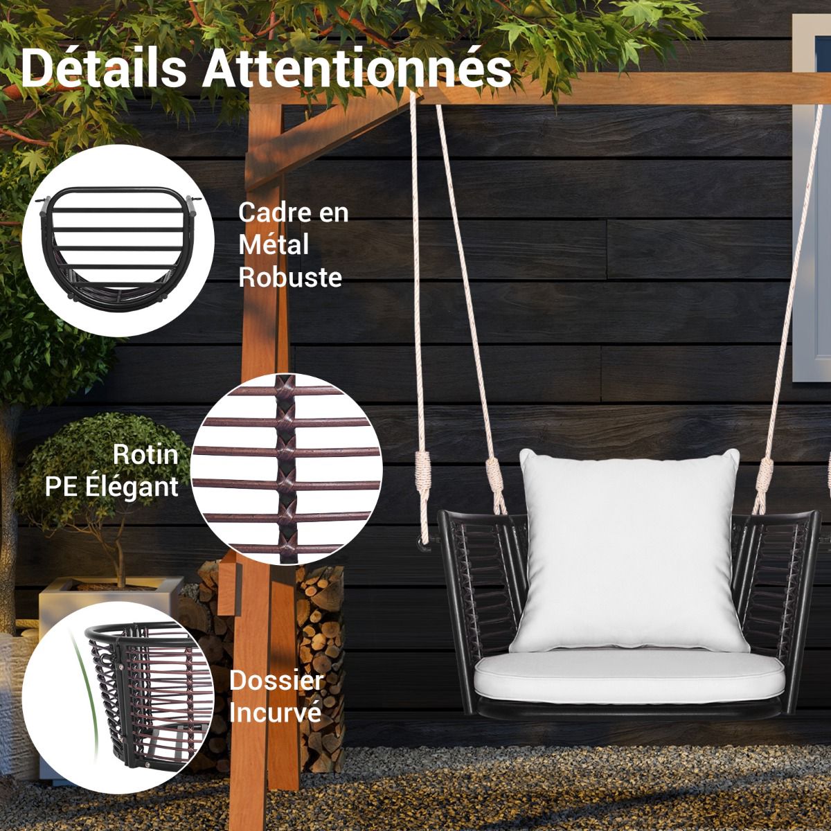 Rattan Hanging Chair, 180 kg, Cushion, Metal Frame