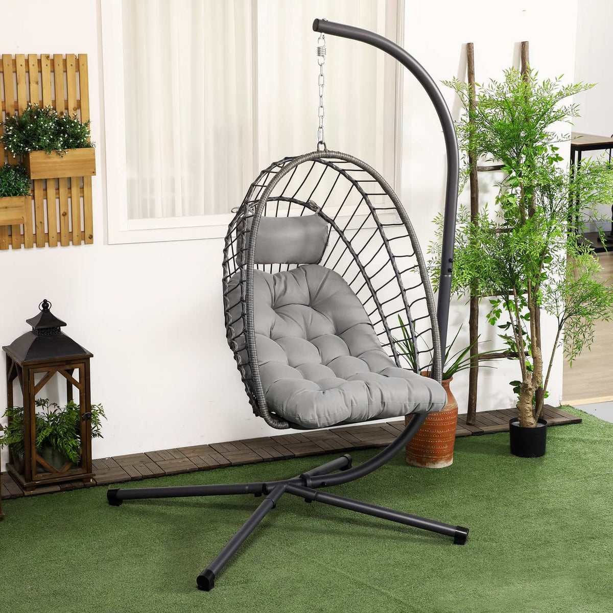 Rattan Hanging Chair Height 194 Cm Swing Basket Indoor Outdoor Including Frame, Folding Hanging Basket, Cushion, For Patio, Garden Up To 100 Kg, Light Gray