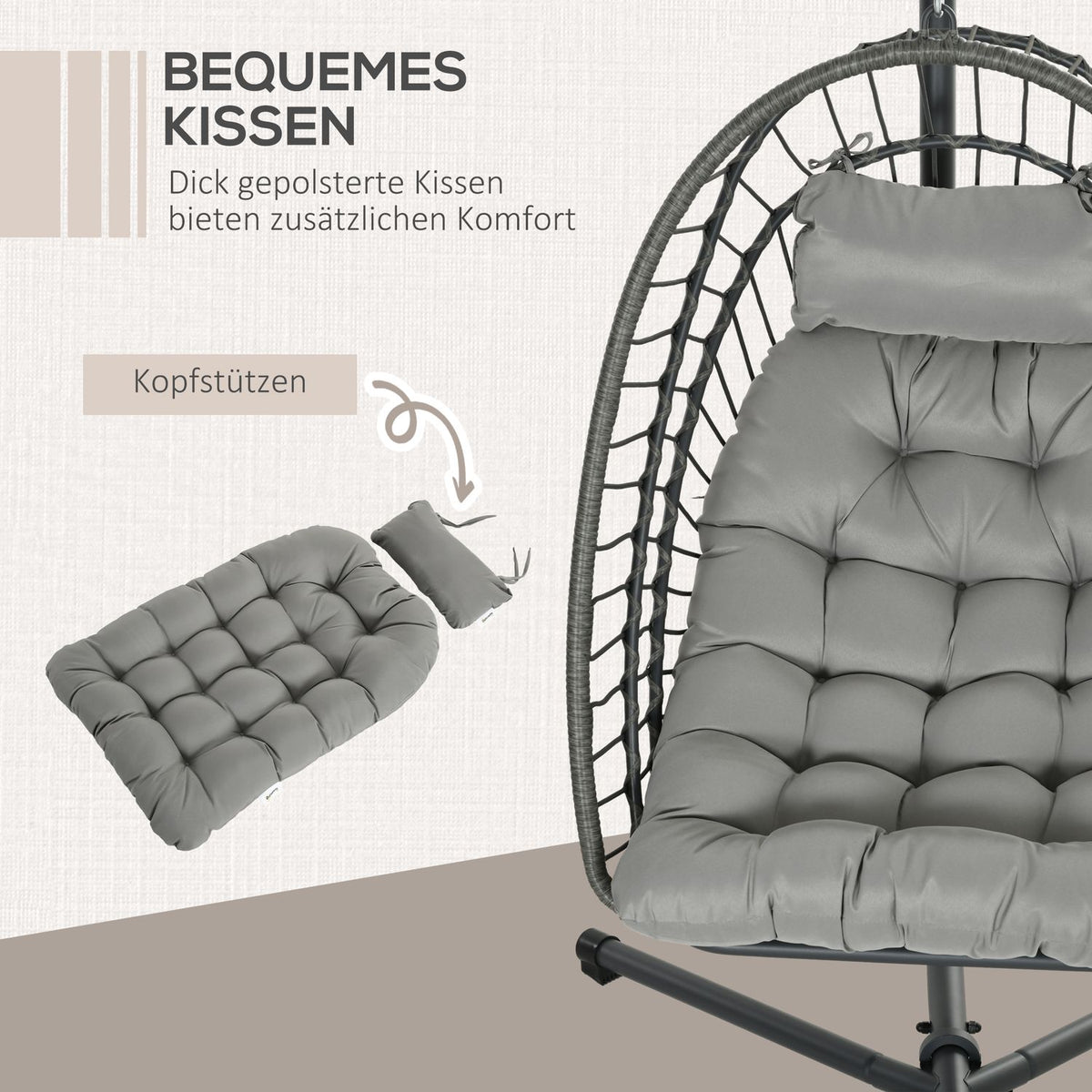 Rattan Hanging Chair Height 194 Cm Swing Basket Indoor Outdoor Including Frame, Folding Hanging Basket, Cushion, For Patio, Garden Up To 100 Kg, Light Gray