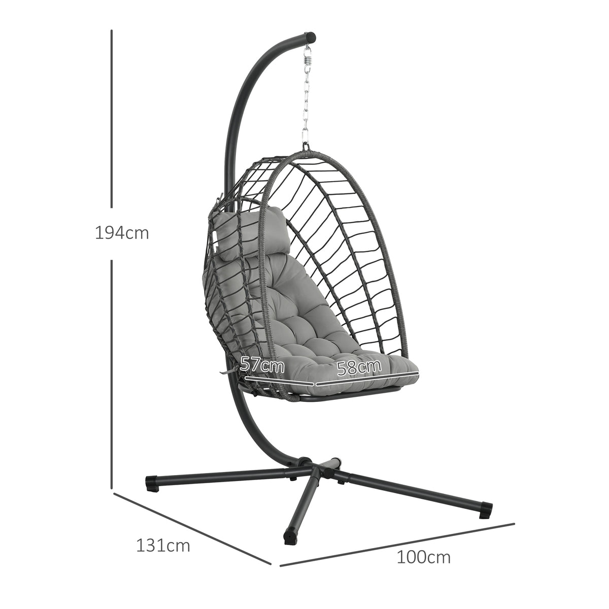 Rattan Hanging Chair Height 194 Cm Swing Basket Indoor Outdoor Including Frame, Folding Hanging Basket, Cushion, For Patio, Garden Up To 100 Kg, Light Gray