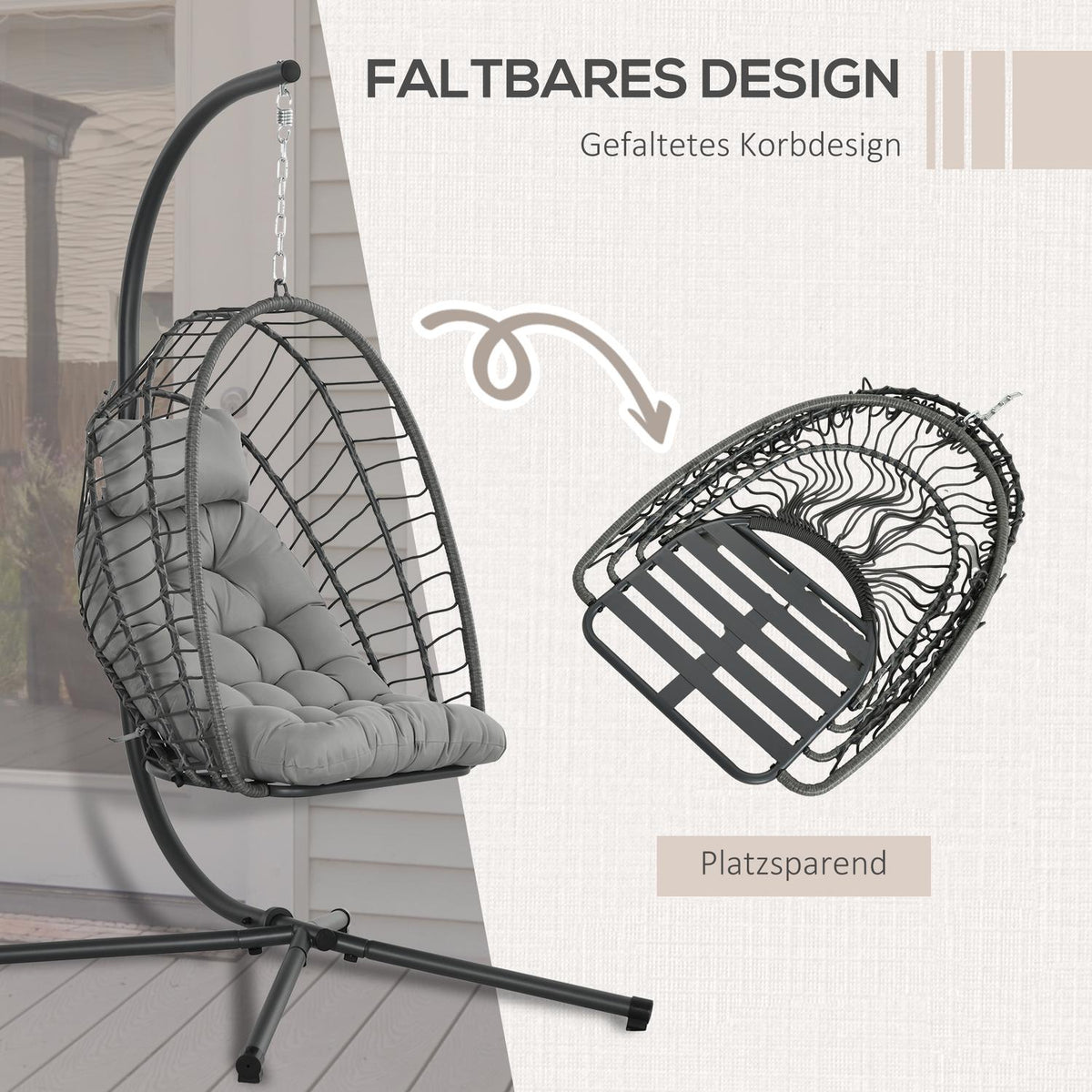 Rattan Hanging Chair Height 194 Cm Swing Basket Indoor Outdoor Including Frame, Folding Hanging Basket, Cushion, For Patio, Garden Up To 100 Kg, Light Gray
