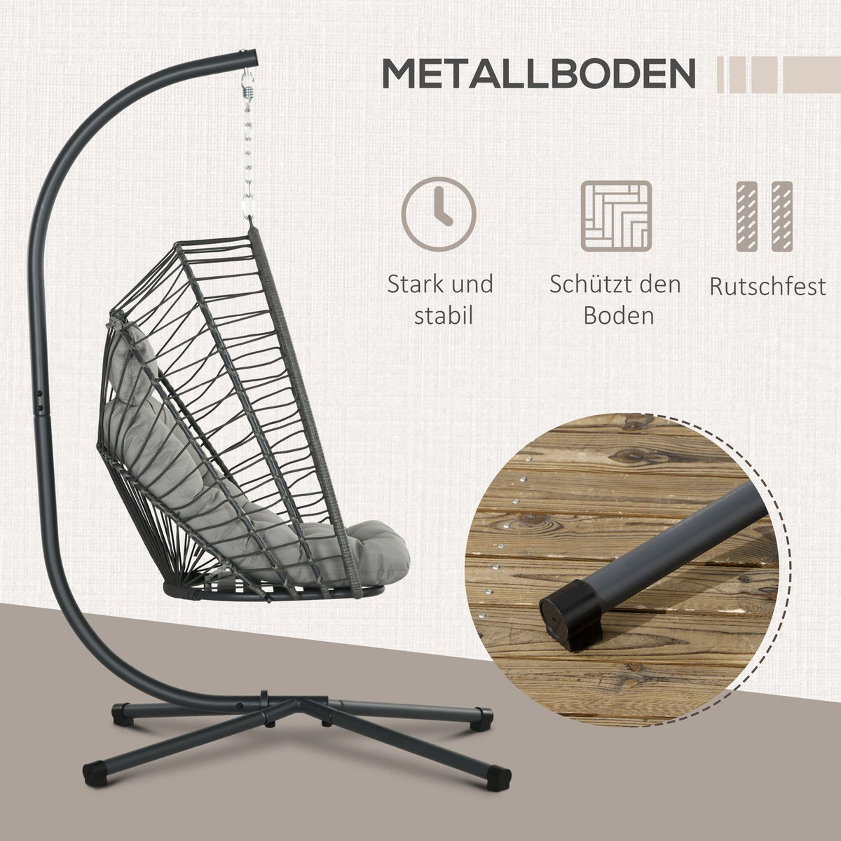 Rattan Hanging Chair Height 194 Cm Swing Basket Indoor Outdoor Including Frame, Folding Hanging Basket, Cushion, For Patio, Garden Up To 100 Kg, Light Gray