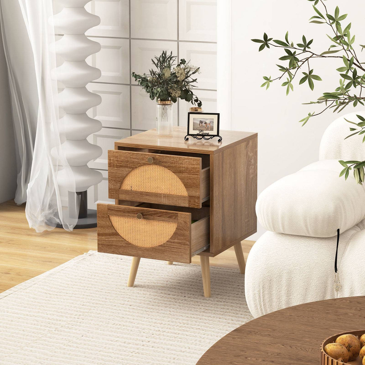 Rattan Nightstand Set, 2 Drawers, Natural, 2-Piece
