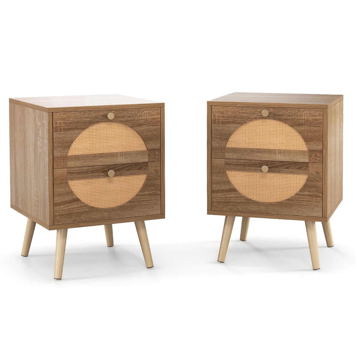 Rattan Nightstand Set, 2 Drawers, Natural, 2-Piece