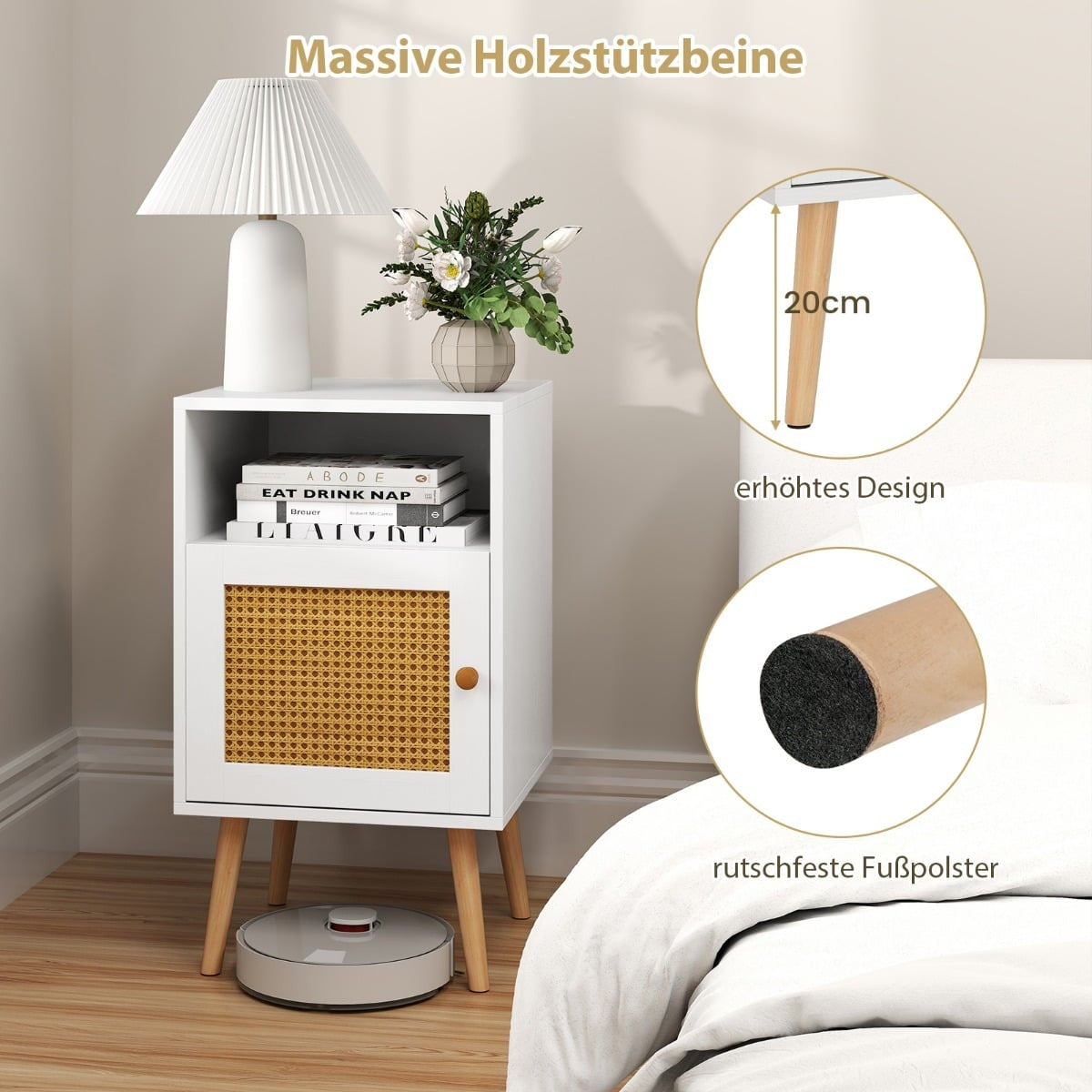 Rattan Nightstand with Storage, Open Shelf & Door, 2 Pieces