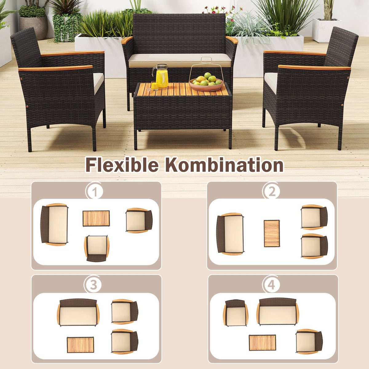 Rattan Outdoor Furniture Set with Chairs, Bench, Table & Cushions