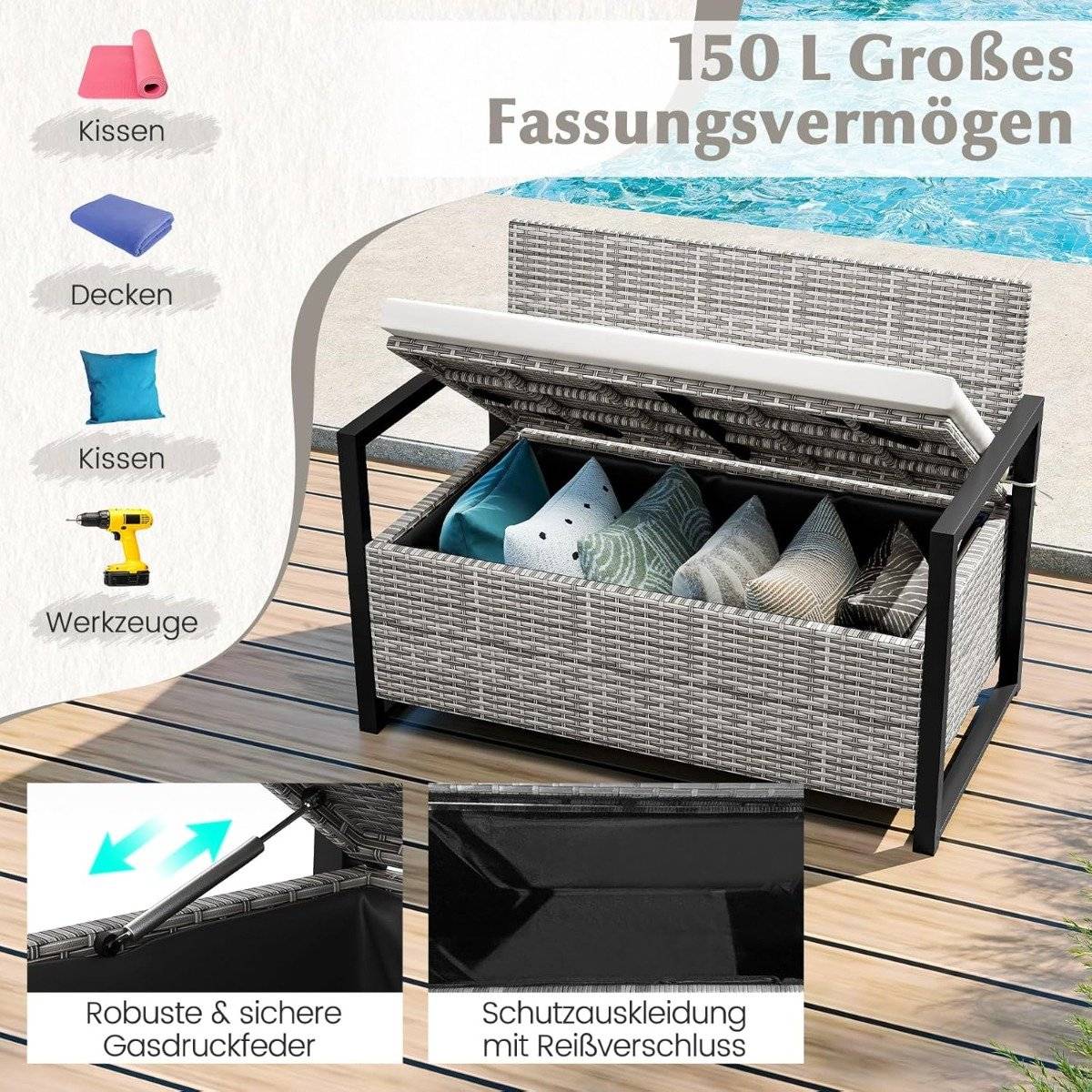 Rattan Outdoor Storage Bench with Cushion, 360kg Capacity