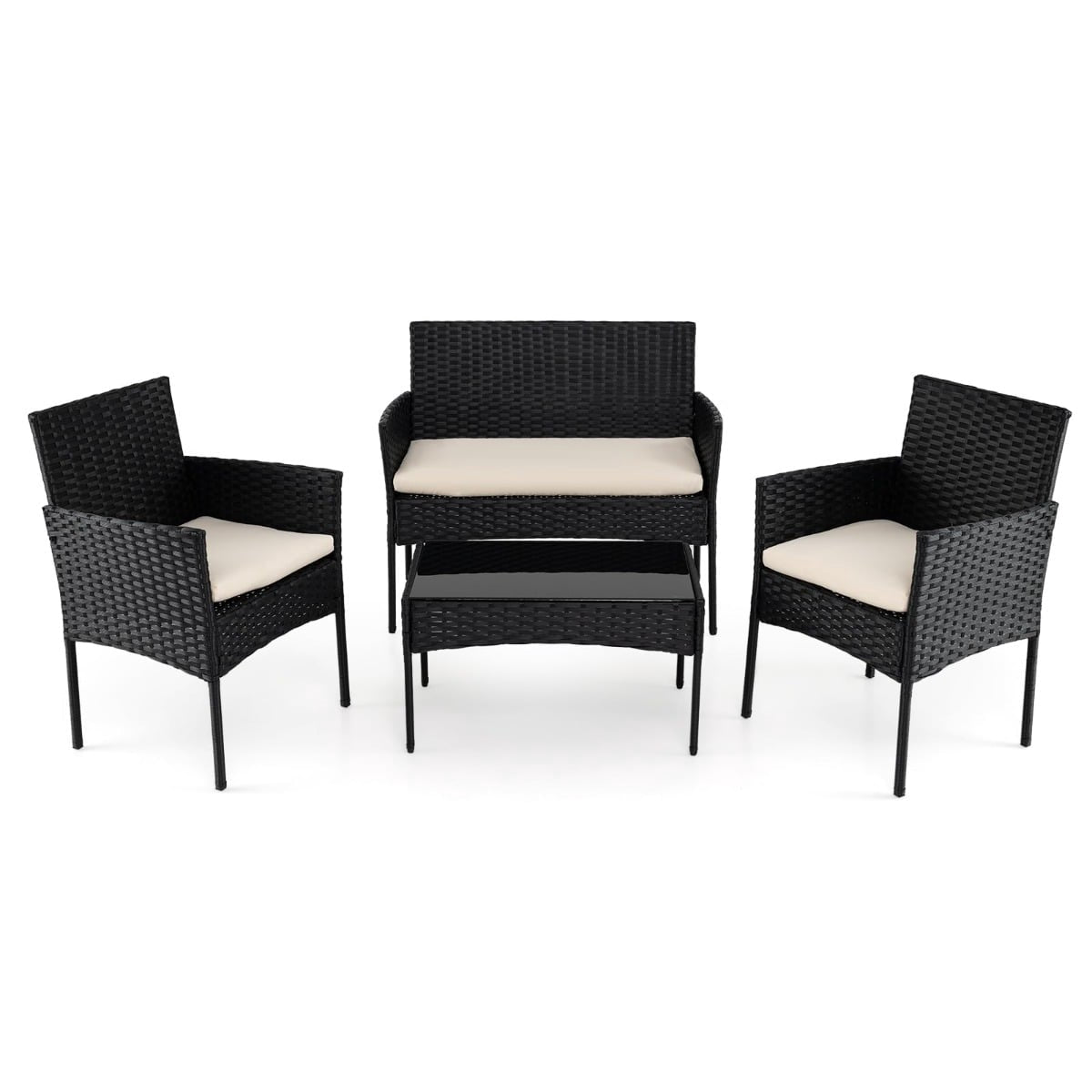 Rattan Patio Furniture Set, 4-Piece, Cushions, Glass Table