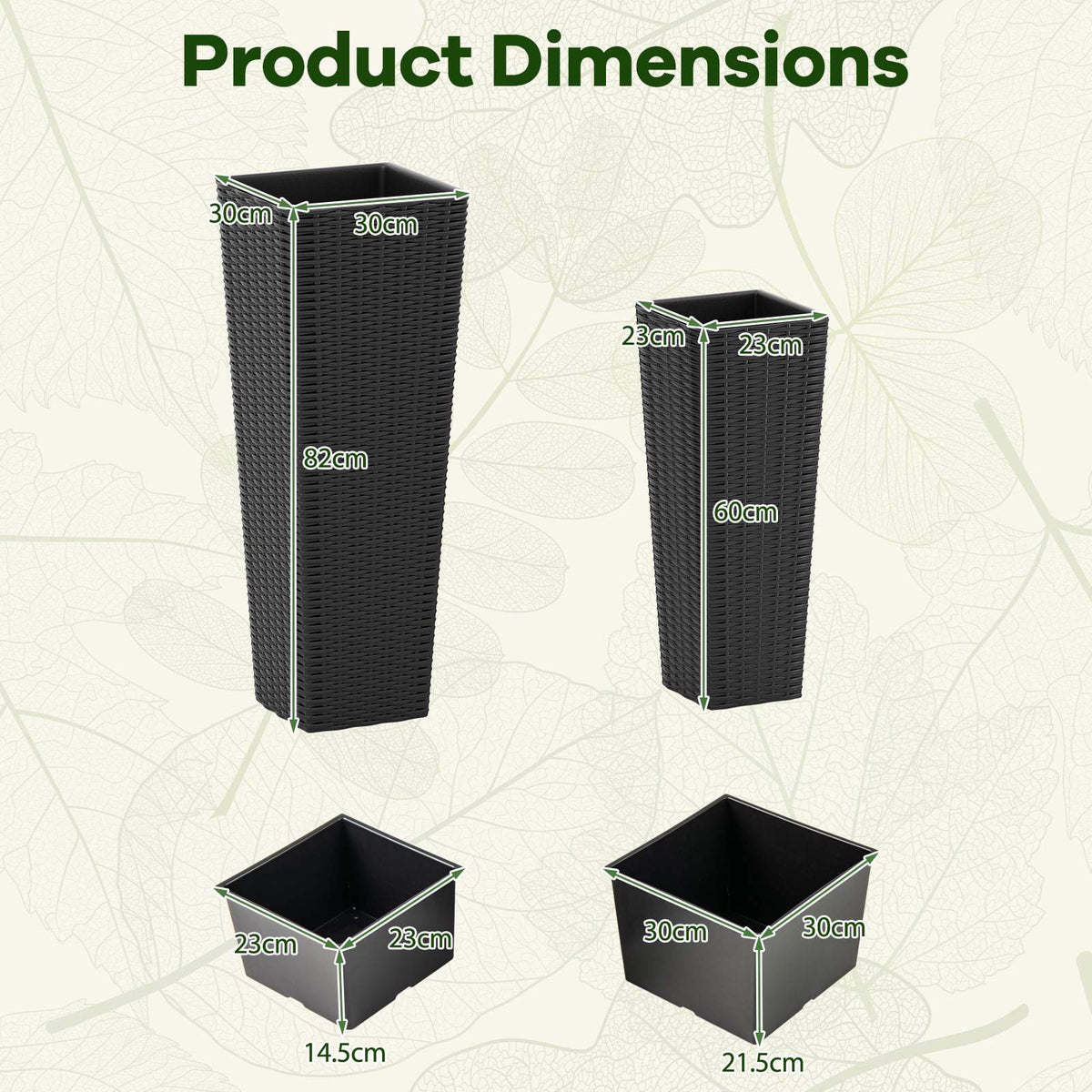Rattan Planter Set of 2, 82/60 cm, Inner Pots, Black