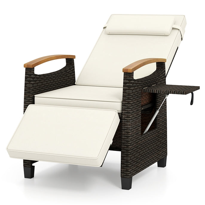 Rattan Reclining Lounger With Footrest, Side Tray