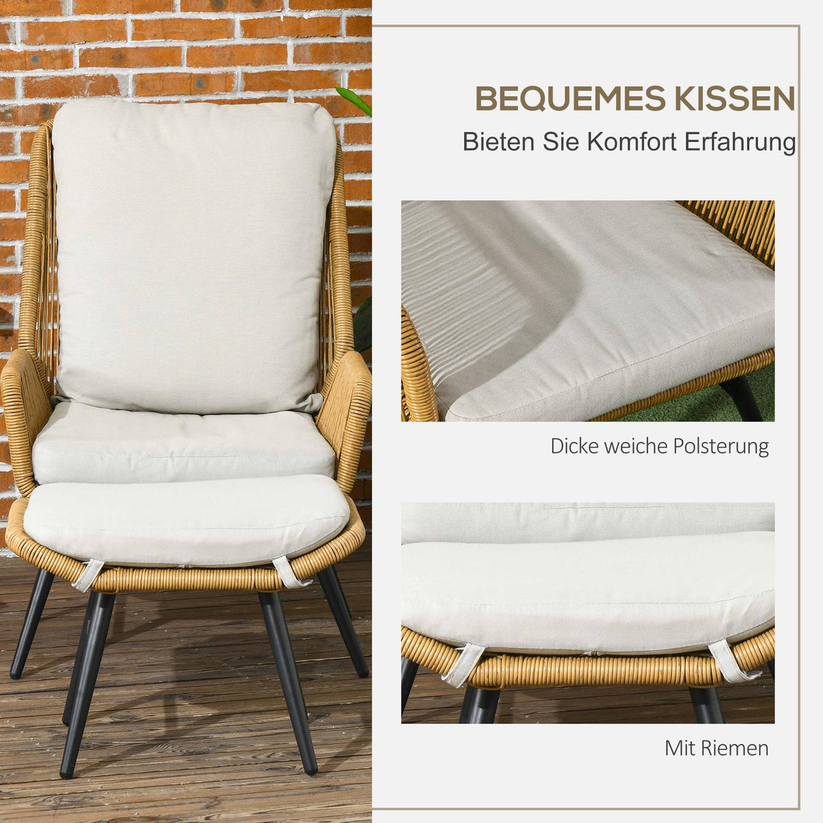 Rattan Relax Chair With Footstool Garden Chair With Adjustable Backrest Outdoor Rattan Chair Cushion Natural Steel Polyester