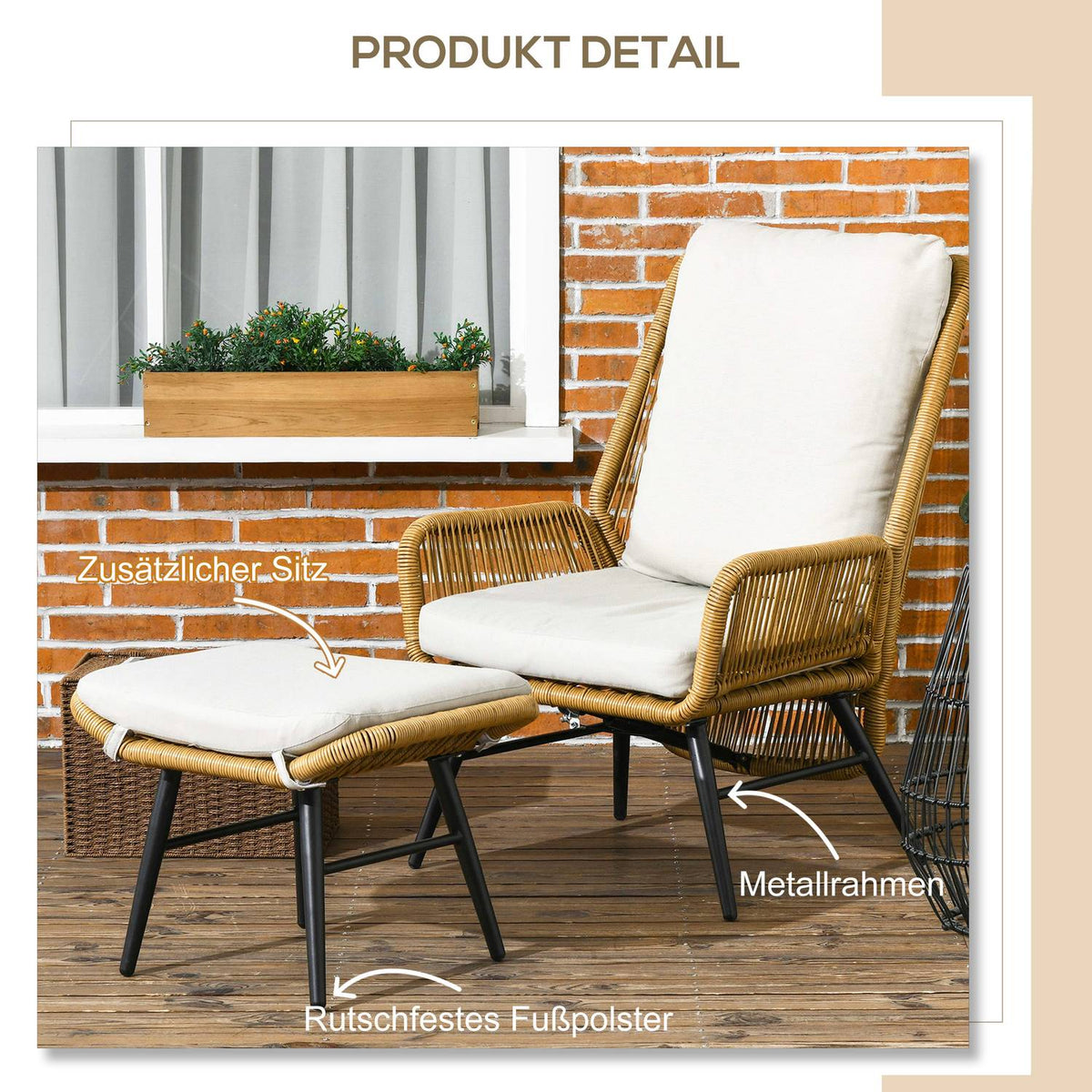 Rattan Relax Chair With Footstool Garden Chair With Adjustable Backrest Outdoor Rattan Chair Cushion Natural Steel Polyester