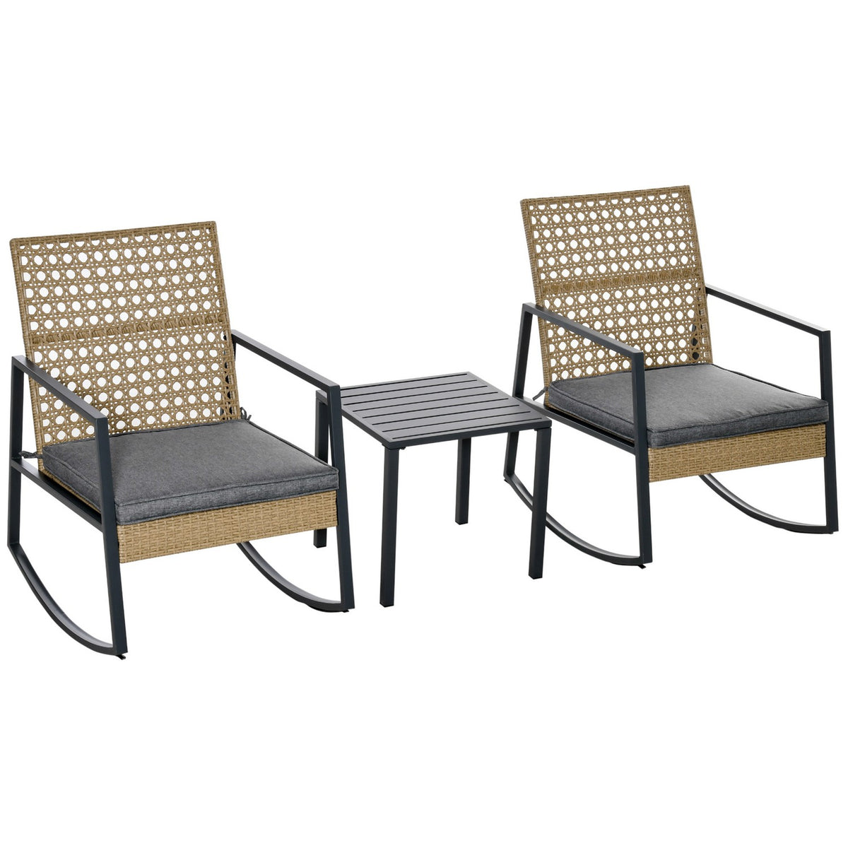 Rattan Rocking Chair Bistro Set For 2 People 2 Chairs 1 Table With Cushions Natural + Gray