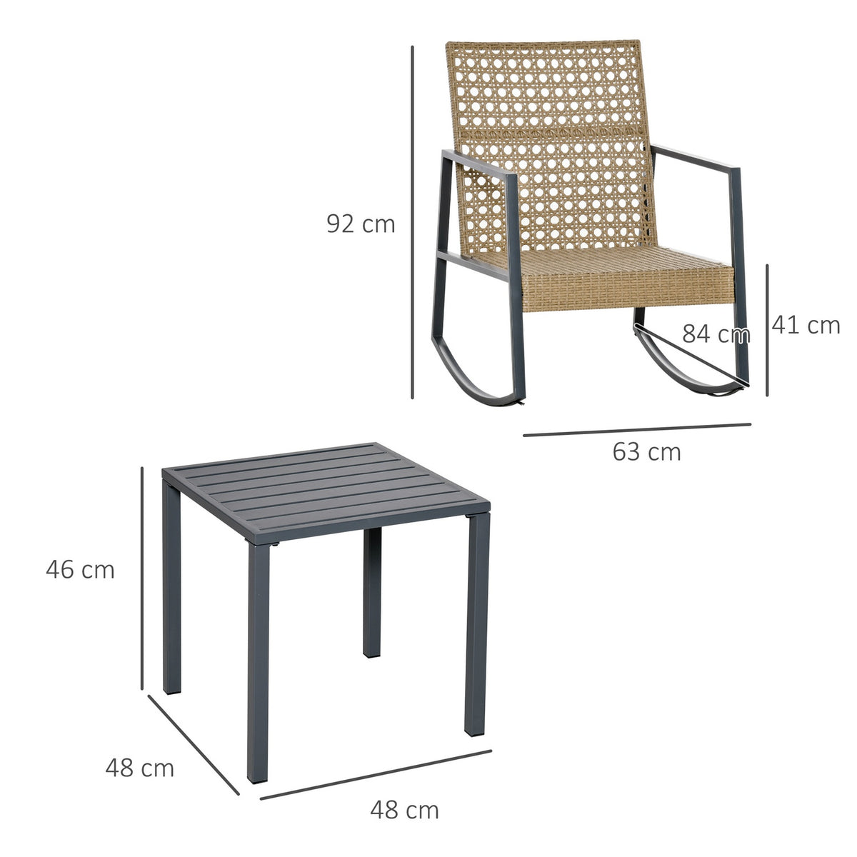 Rattan Rocking Chair Bistro Set For 2 People 2 Chairs 1 Table With Cushions Natural + Gray