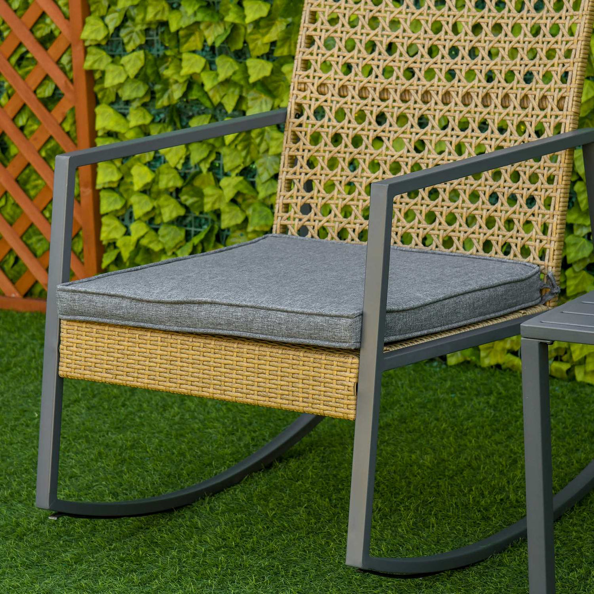 Rattan Rocking Chair Bistro Set For 2 People 2 Chairs 1 Table With Cushions Natural + Gray