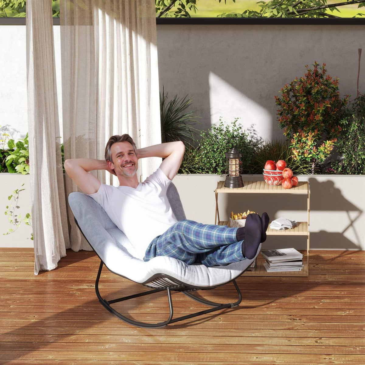 Rattan Rocking Chair Garden Bench with Steel Frame Cushion, Rocking Bench Garden Swing Outdoor Bench Seat Garden Furniture Park Bench for Garden Patio Park 98 x 111 x 74 cm Gray |
