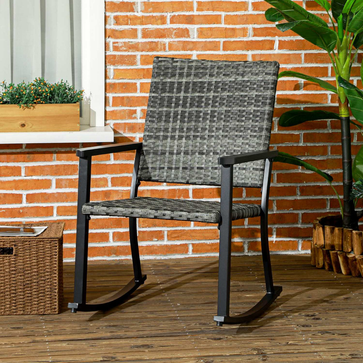 Rattan Rocking Chair Garden Chair Swing Chair For Balcony & Patio Lounge Furniture Gray 62X75X95Cm