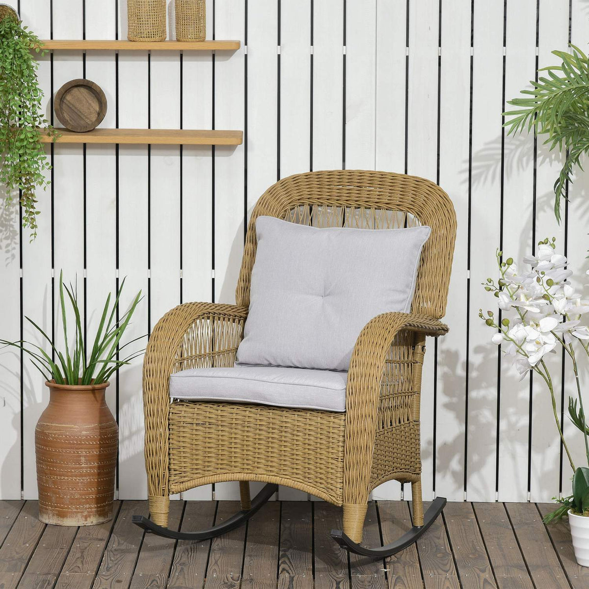 Rattan Rocking Chair, Rocking Chair With Cushions, Garden Chair With Washable Upholstery Covers, Lounge Furniture For Backyard, Yellow, 69 X 92 X 100 Cm