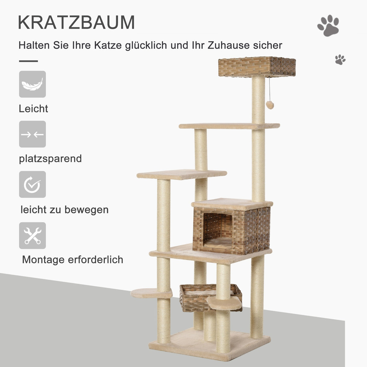 Rattan Scratching Post Climbing Tree Cat With Cat Cave Multi-Tier Cat Tree E1 Mdf Sisal Beige+Brown 55 X 55 X 174 Cm