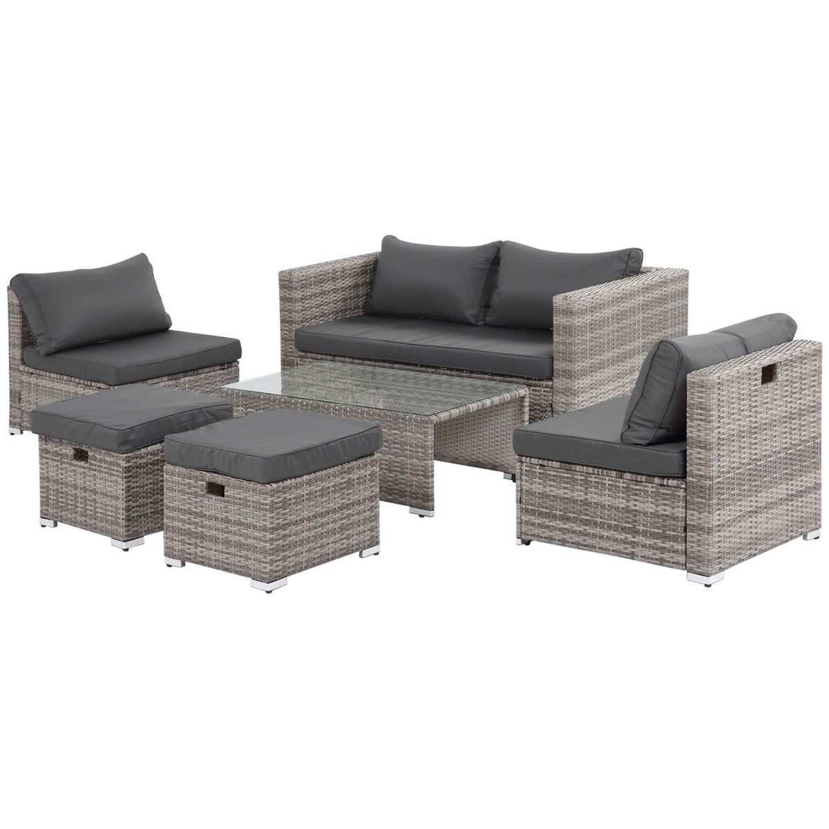 Rattan Seating Set 6-Piece Garden Furniture With Coffee Table, Metal Frame, Modern Design, Gray, 151X75X65Cm