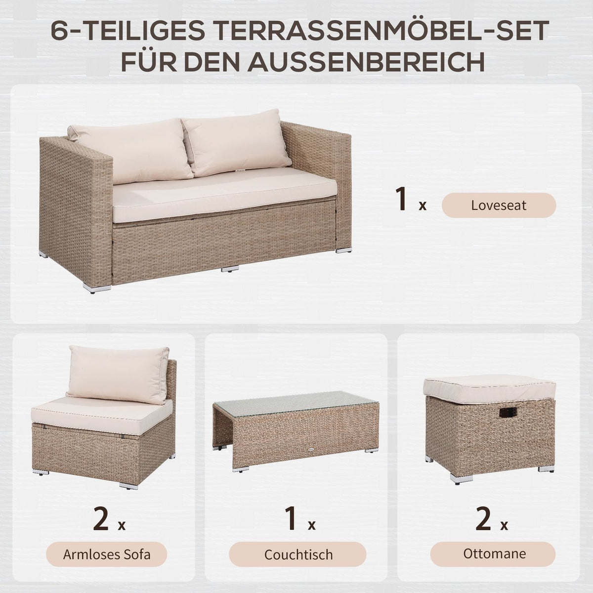 Rattan Seating Set 6-Piece Garden Furniture With Coffee Table, Metal Frame, Weatherproof, Khaki, 151X75X65Cm