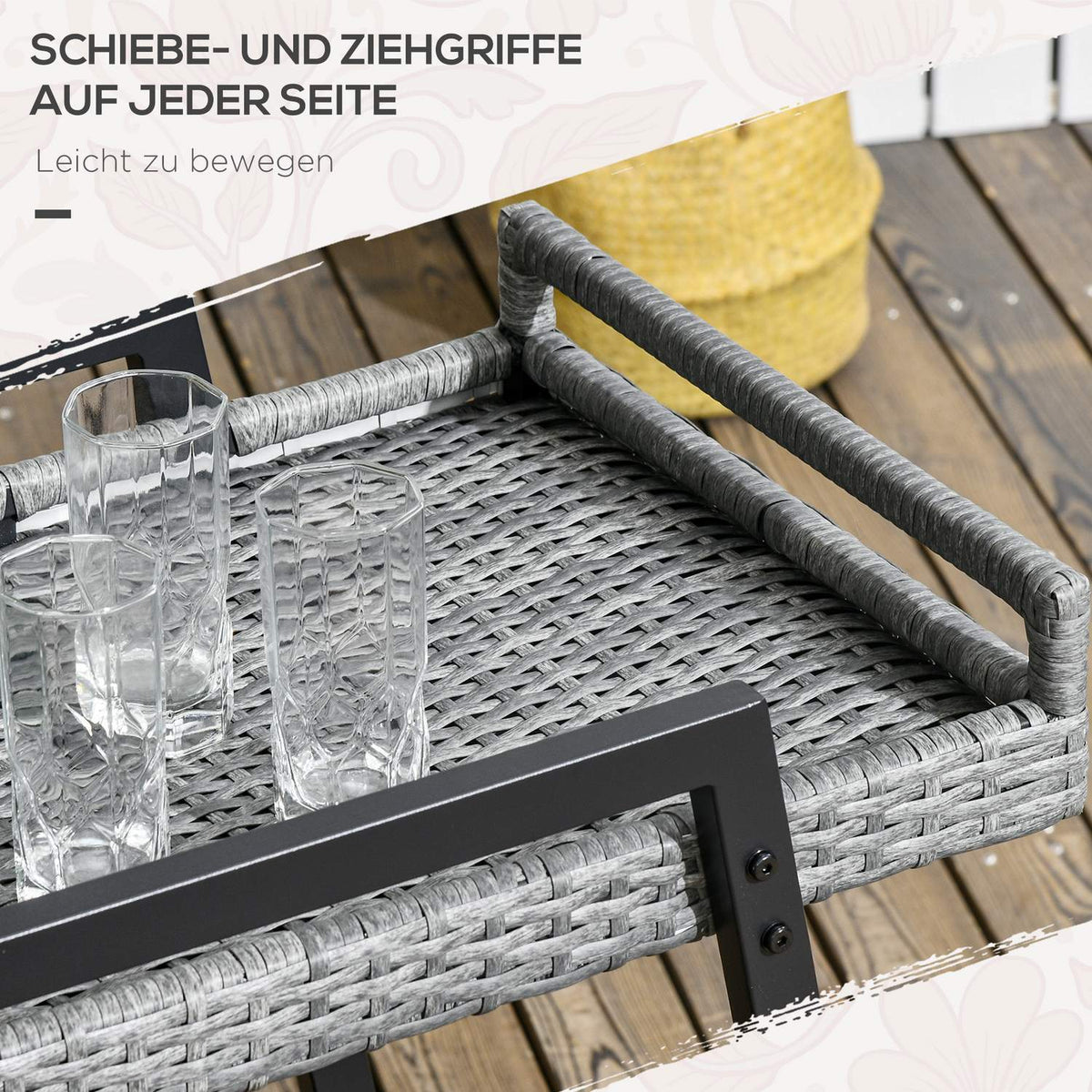 Rattan Serving Trolley With Shelf, Garden Trolley, Kitchen Trolley With Handles, Bremen, Outdoor Bar Trolley For Balcony, Steel, Grey