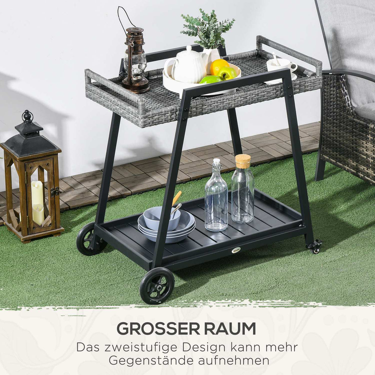 Rattan Serving Trolley With Shelf, Garden Trolley, Kitchen Trolley With Handles, Bremen, Outdoor Bar Trolley For Balcony, Steel, Grey