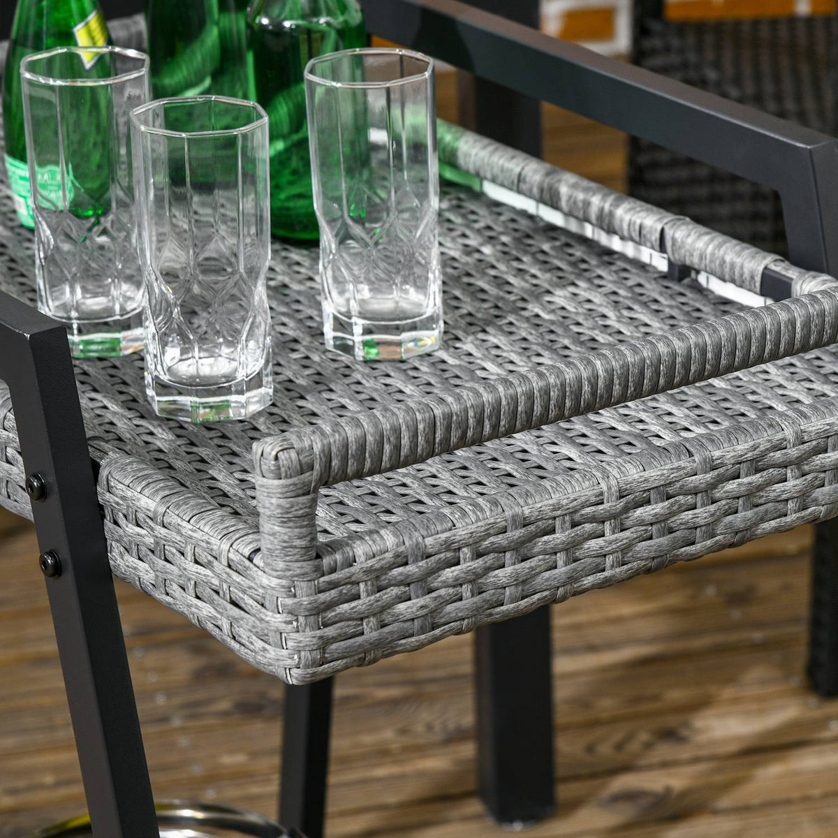 Rattan Serving Trolley With Shelf, Garden Trolley, Kitchen Trolley With Handles, Bremen, Outdoor Bar Trolley For Balcony, Steel, Grey